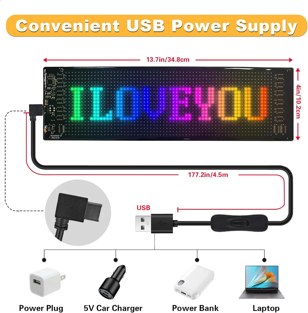 USB Programmable Scrolling LED Sign with Bluetooth App Control, Waterproof Flexible Custom Matrix Panel Display for Car, Store TAVEN System LLC