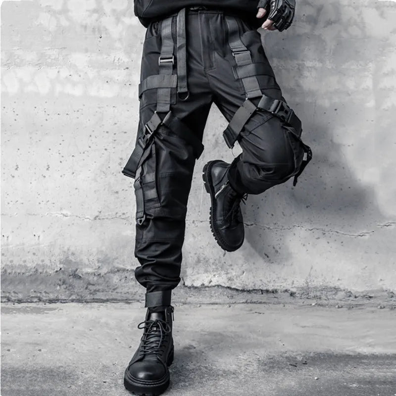 Men Hip Hop Punk Cargo Pants Techwear Ribbon Tactical Casual Pants TAVEN System LLC