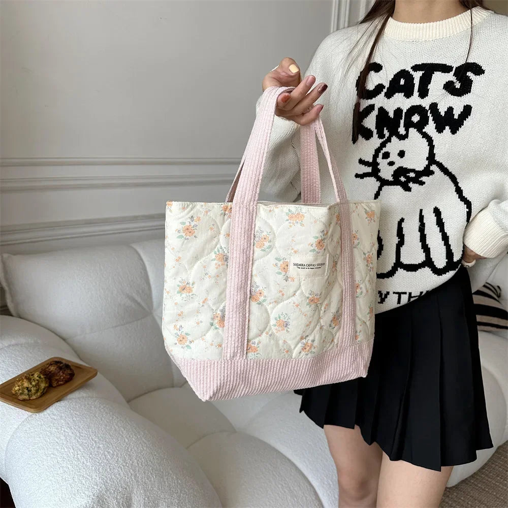 Women Floral Patchwork Tote Bag Retro Cotton Shoulder Shopper Bag