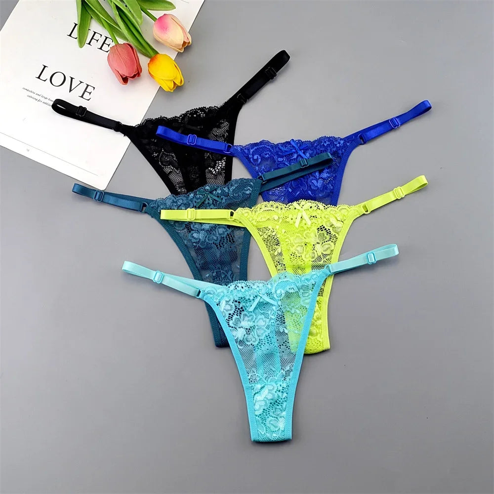5PCS Free Shipping Seamless Women Thong Panties Adjust Belt Sexy Ice Silk G-string Lady Low Waist Lace Bikini T-back Plus Size TAVEN System LLC