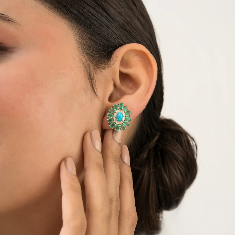 Most Trending Products Fine Emerald Turquoise & Diamond Flower Halo Stud Earrings Statement Jewelry 14K Solid Yellow Gold TAVEN System LLC