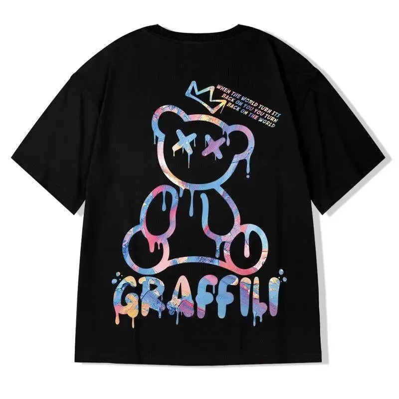 New men's summer colorful teddy bear letter print comfortable and breathable round neck T-shirt outdoor street top TAVEN System LLC