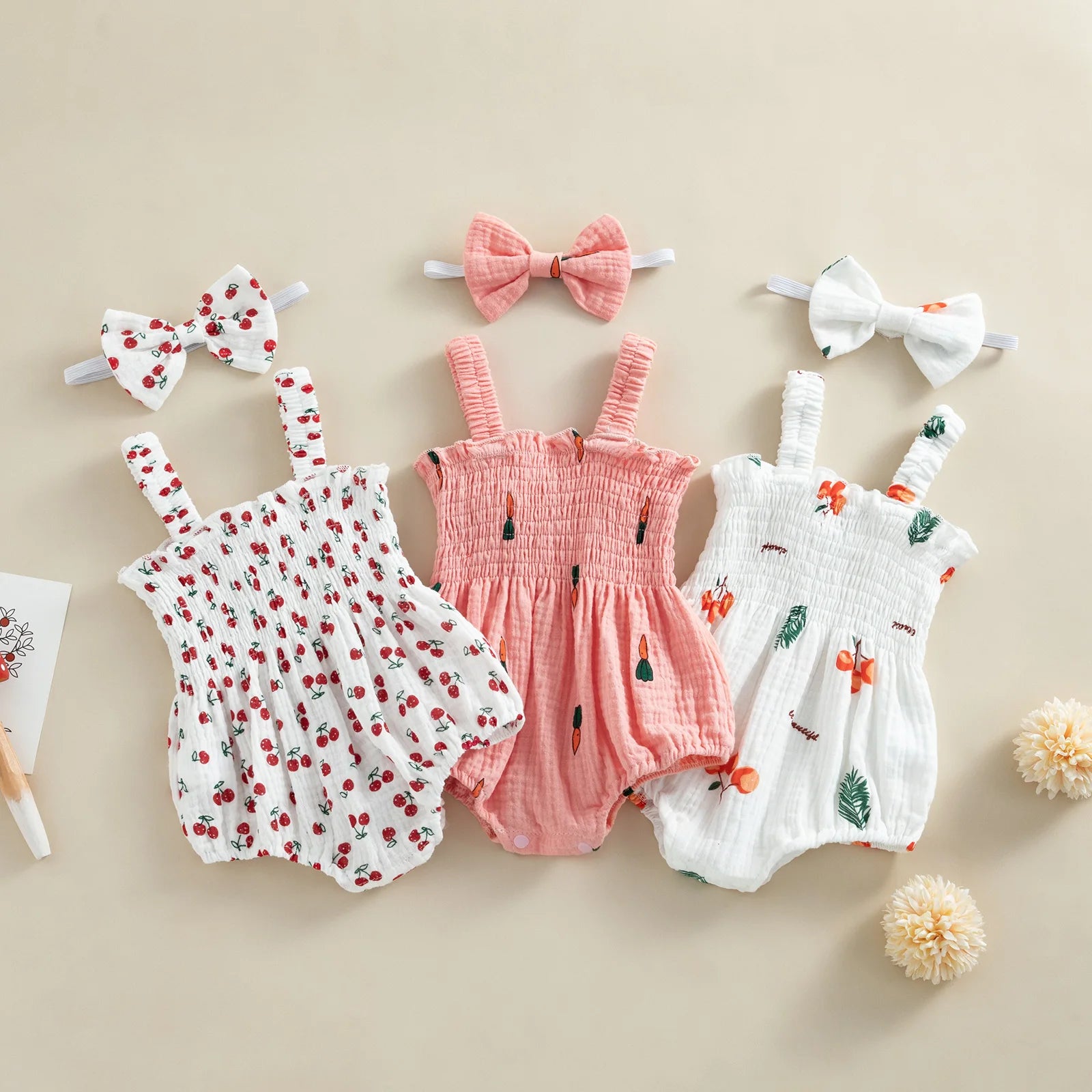 Baby Girl Cherry Print Romper with Matching Headband Summer Set