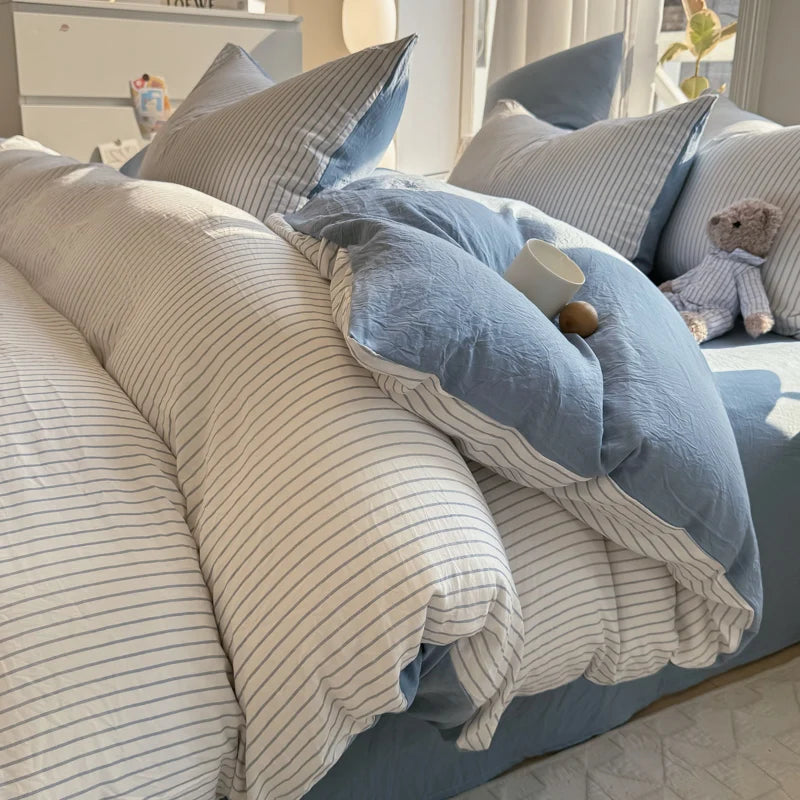 Soft Washed Cotton Bedding Set Striped Style Duvet Cover Sets with Quilt Cover Bedsheet Pillowcase 100% Cotton Bed Sheet Sets TAVEN System LLC