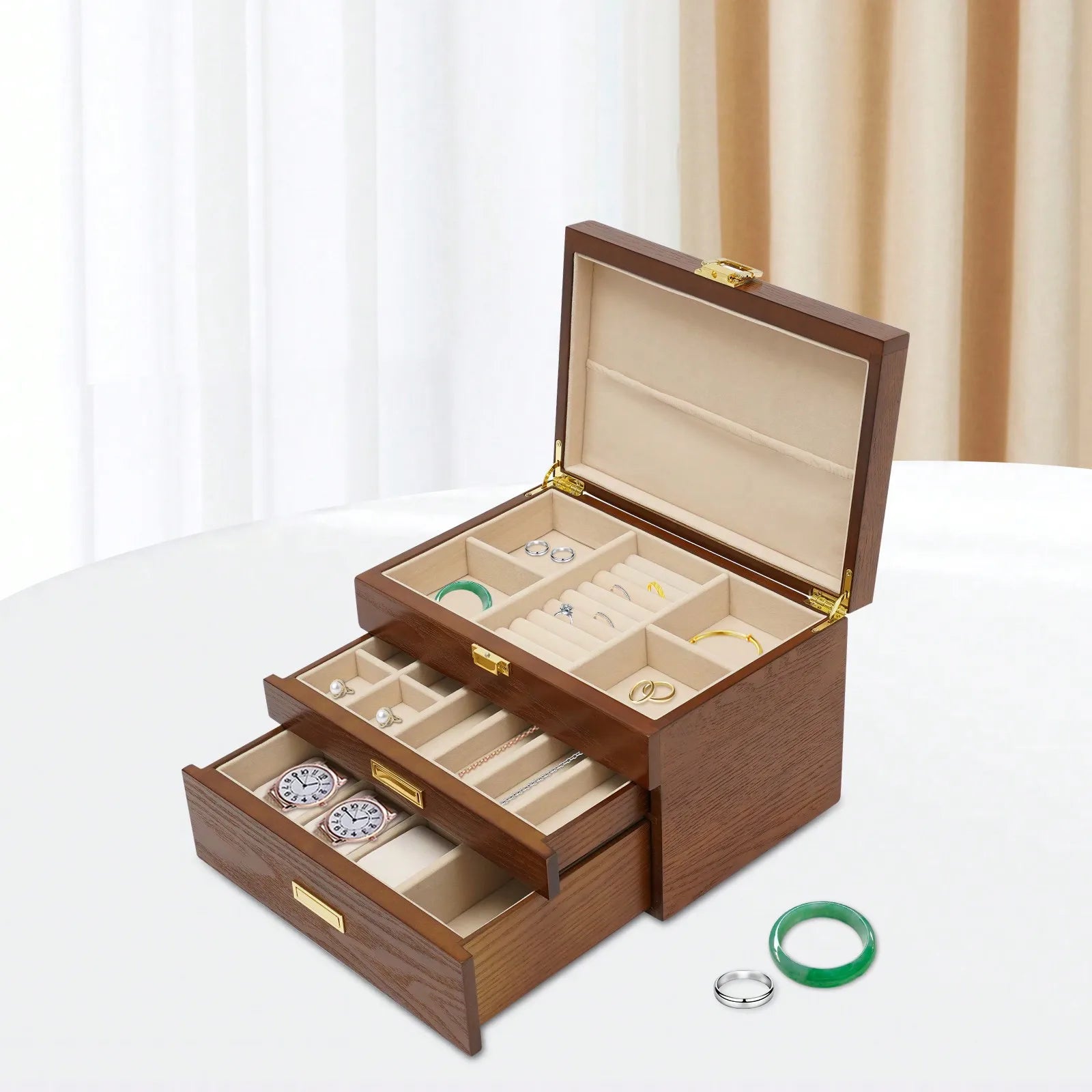 Black Walnut /Brown / White Wood Organizer Jewelry and Watch Display Case Storage Box Convenient TAVEN System LLC