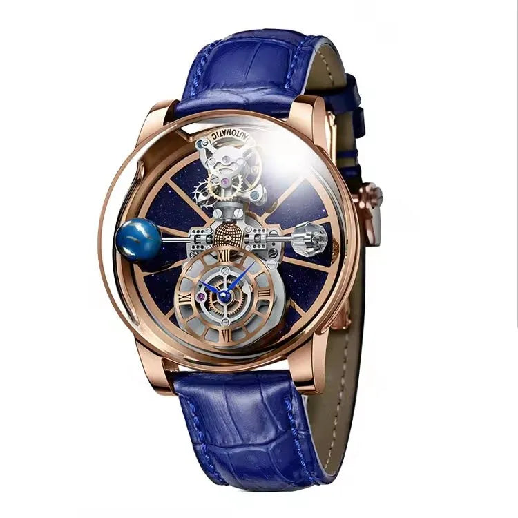 PINDU Design Man Wristwatch Transparent Hollow Design Celestial Roulette Quartz Watches Water Resistant Leather Men's Watch Box - TAVEN System LLC