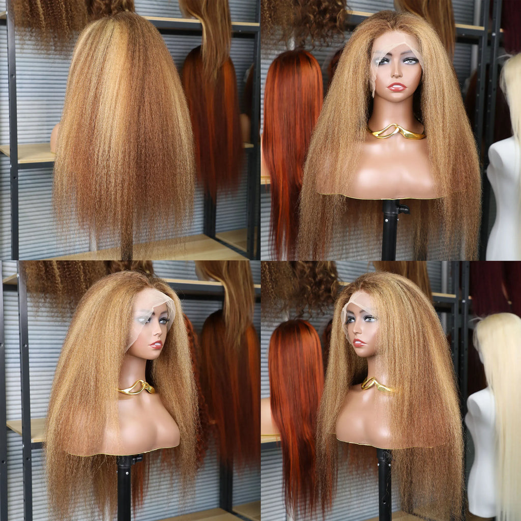 Stretched Length: 22inches, Density: 200% - 13x6 Highlight Brazilian 4/27 Brown Blonde Color Lace Wigs Kinky Straight Transparent Lace Front Human Hair Wig For Women Taven