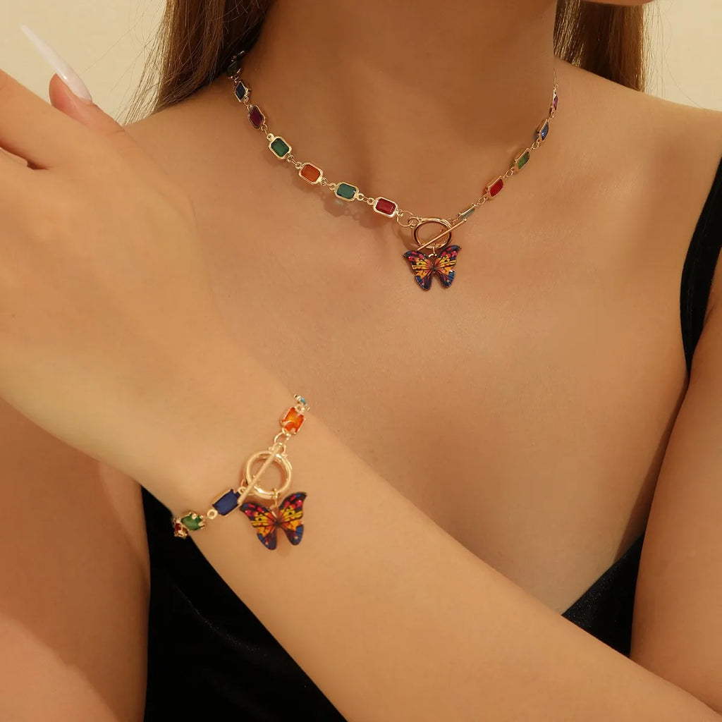 Multicolor Rectangle Rhinestone Butterfly OT Toggle Jewelry Set for Women, 14K Gold Plated Matching Choker Necklace Stackable Bracelet, Boho Colorful Summer Jewelry Gift for Festival Vacation Party TAVEN System LLC