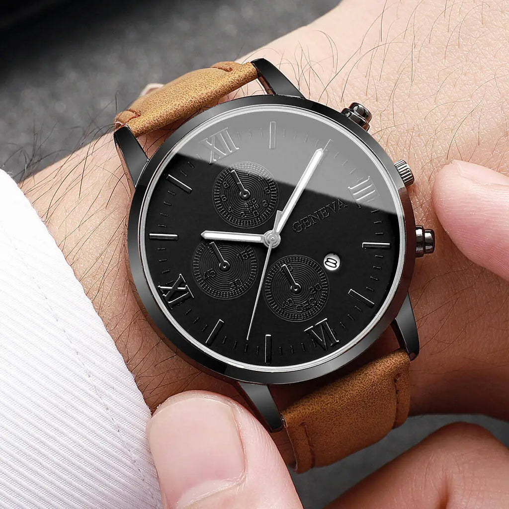 Fashion Roma Dial Men's Watch Casual Leather Strap Men Business Watches Analog Quartz Wristwatches with Calendar（Without Box） - TAVEN System LLC