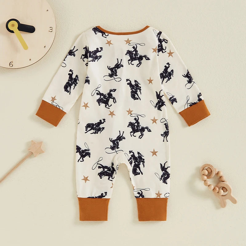 Baby Boy Western Cowboy Print Long Sleeve Zipper Romper Outfit