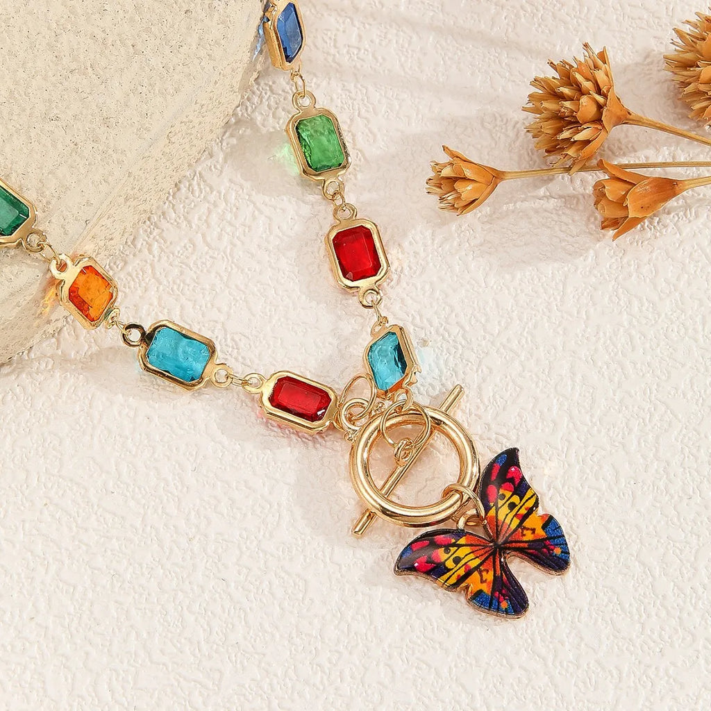 Multicolor Rectangle Rhinestone Butterfly OT Toggle Jewelry Set for Women, 14K Gold Plated Matching Choker Necklace Stackable Bracelet, Boho Colorful Summer Jewelry Gift for Festival Vacation Party TAVEN System LLC
