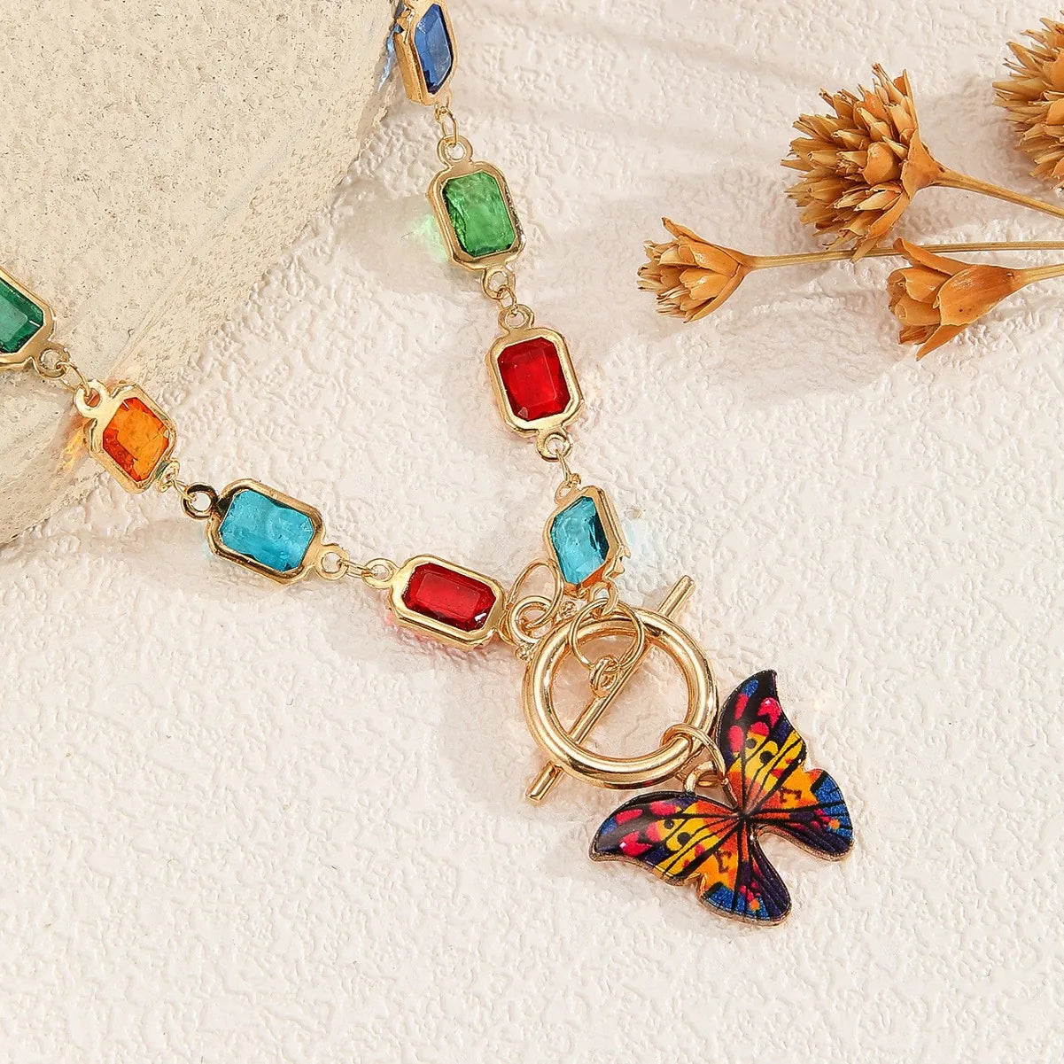 Multicolor Rectangle Rhinestone Butterfly OT Toggle Jewelry Set for Women, 14K Gold Plated Matching Choker Necklace Stackable Bracelet, Boho Colorful Summer Jewelry Gift for Festival Vacation Party TAVEN System LLC