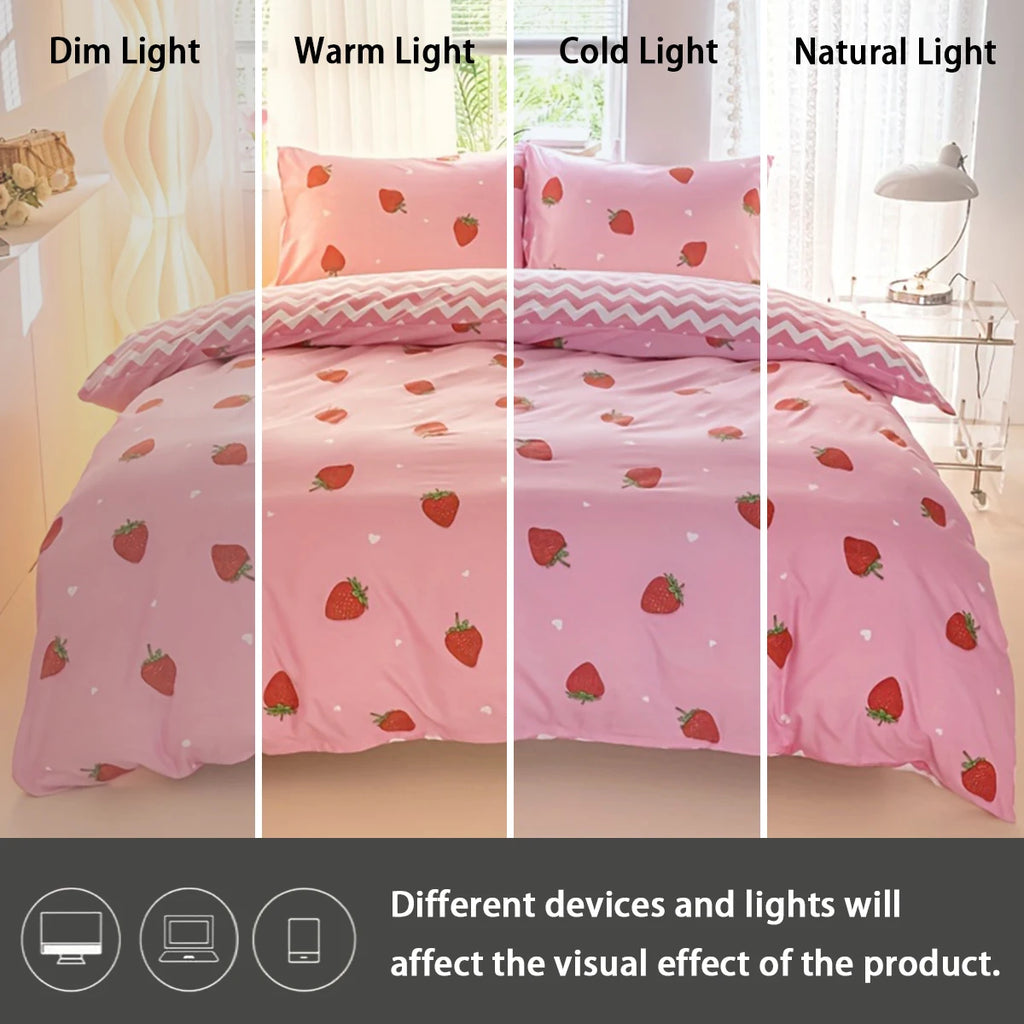 3pcs/set Small Strawberry Print Duvet Cover Set(1 Duvet Cover & 2 Pillowcase）Soft And Skin-Friendly Duvet Cover Bedding Set TAVEN System LLC