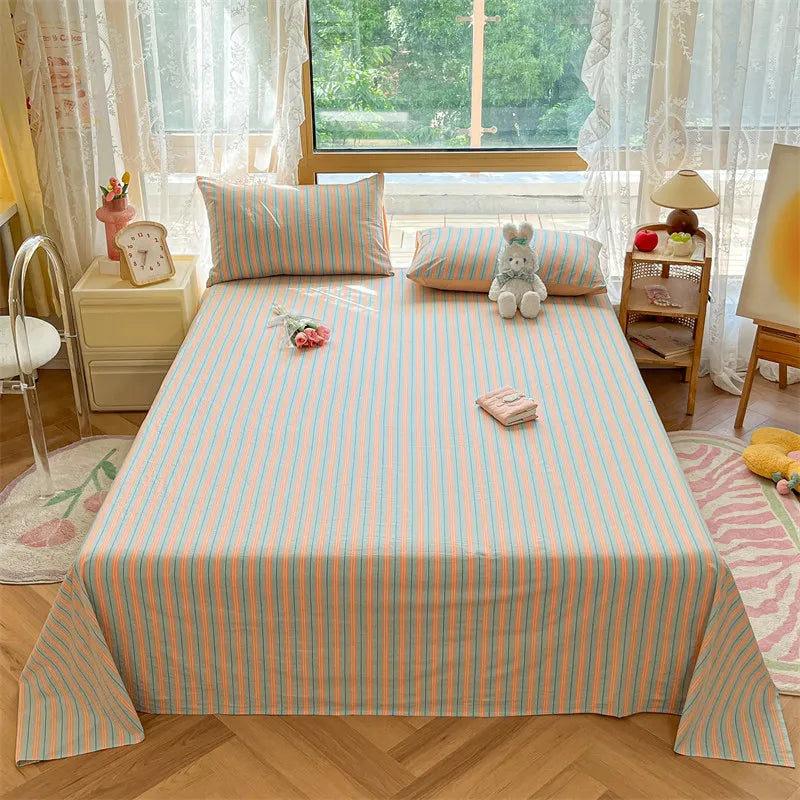 Japanese Style 100% Cotton Plaid Bed Sheet Soft Skin Friendly Flat Sheet or Sheet and Pillowcases Set Queen King Size Bedspreads TAVEN System LLC