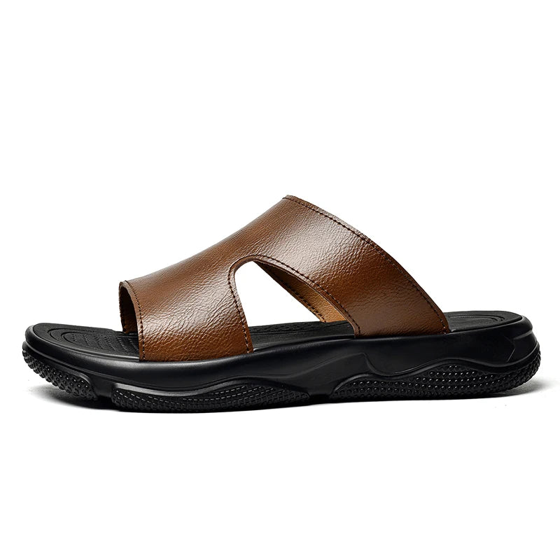Men's Leather Slide Sandals Non-slip Thick Sole Casual Slippers Summer Outdoor Beach Shoes Breathable Lightweight Footwear TAVEN System LLC
