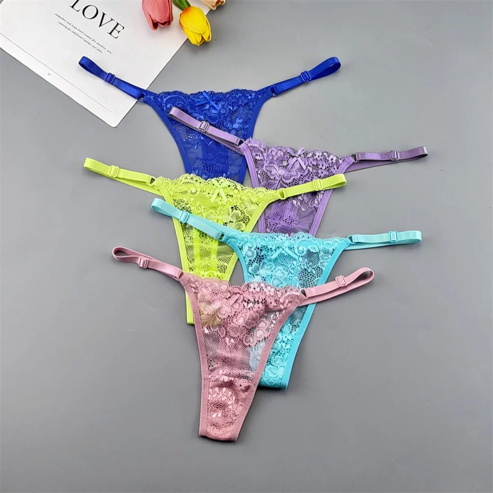 5PCS Free Shipping Seamless Women Thong Panties Adjust Belt Sexy Ice Silk G-string Lady Low Waist Lace Bikini T-back Plus Size TAVEN System LLC