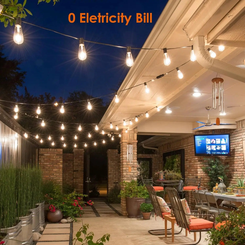 50FT ST38 Solar String Lights, 2700K Warm White, Black Wire, E12, Solar Powered with Remote, Waterproof Outdoor Patio Lights TAVEN System LLC