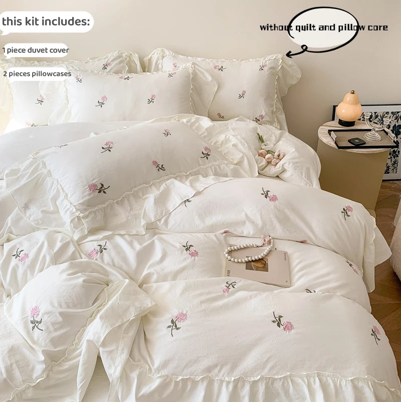 3pcs Rose Embroidered Duvet Cover Set (1*Duvet Cover + 2*Pillowcase, Without Core), Princess Style Lace Bedding Set TAVEN System LLC