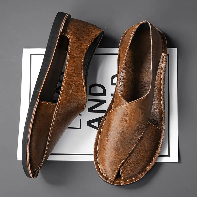 Summer Men's Sandals Handmade Leather Casual Shoes Comfortable Slip-On Beach Shoes Breathable Sandals Loafers Wading Aqua Shoes TAVEN System LLC