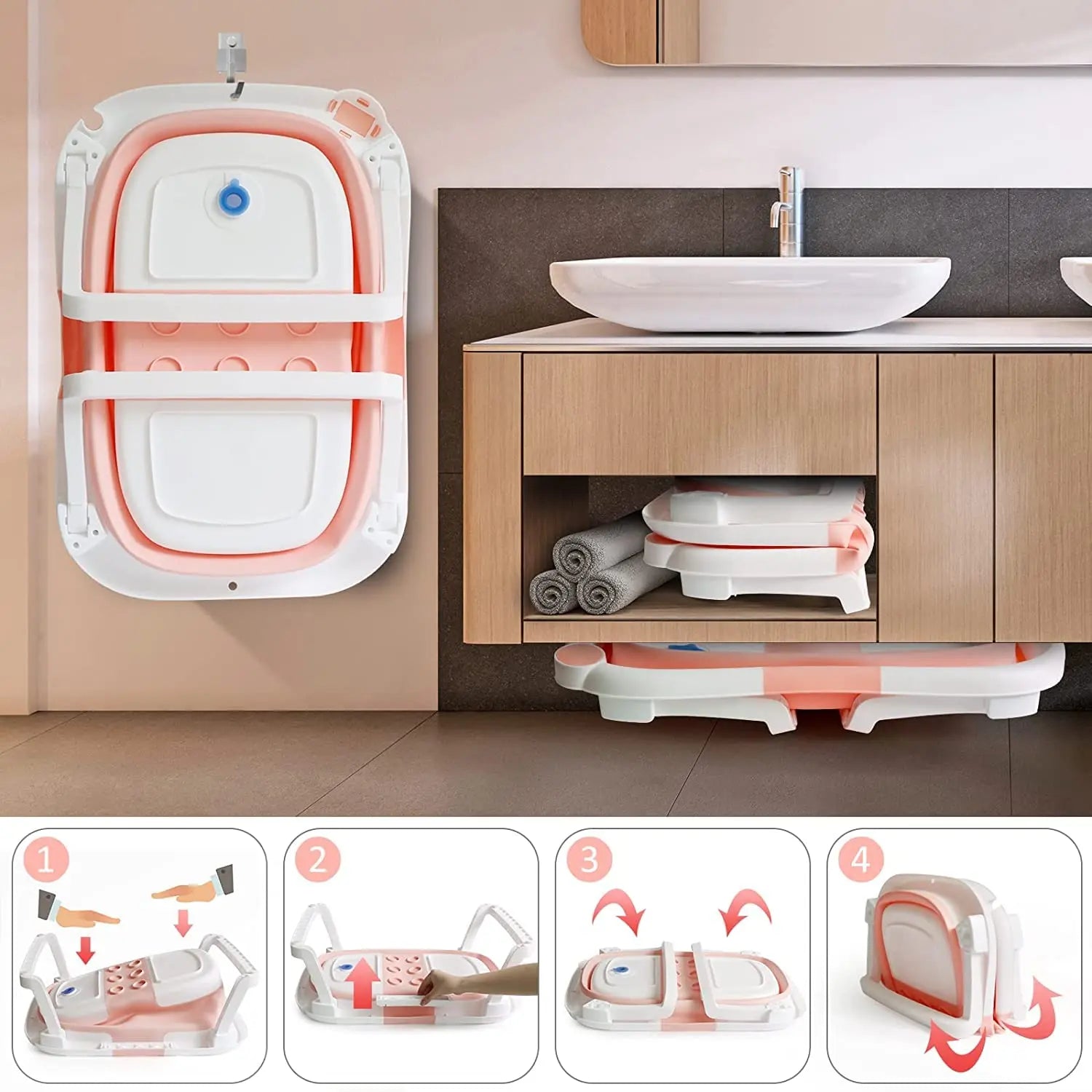 Foldable Baby Bath Tub with Bath Cushion Infant Tub with Thermometer Non-Slip Collapsible Baby Bathtub Newborn to Toddler TAVEN System LLC