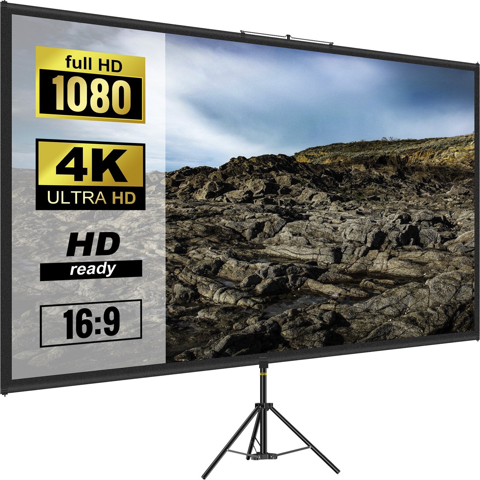 Tripod Projector Screen with Stand 100inch 16:9 4K HD Projection Screen Stand Wrinkle-Free Height Adjustable Portable Screen for Projector Indoor & Outdoor for Movie, Home Cinema, Gaming, Office VEVOR