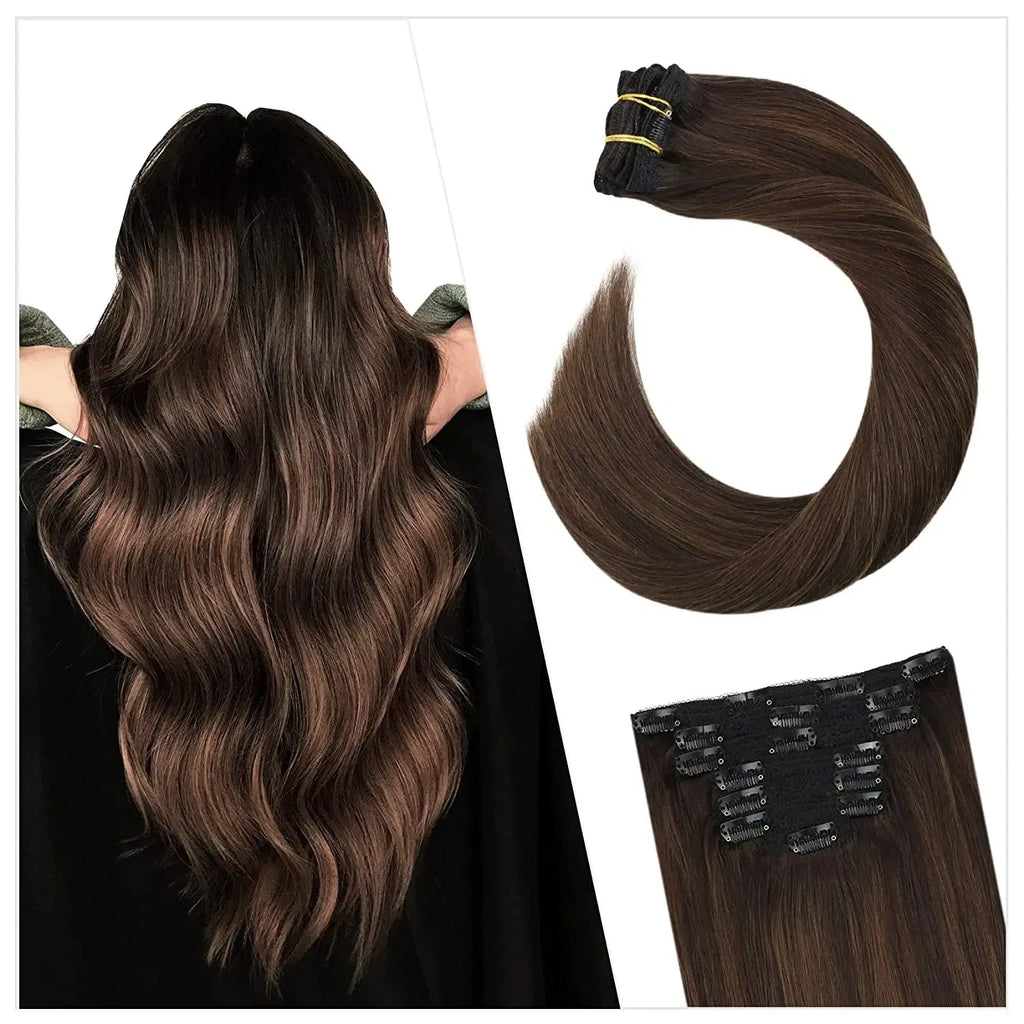 Color: T4/30, Length: 18 inches, Weight Per Package: 120g/Set - [16 Colors] Ugeat Clip in Hair Extensions Human Hair 14-22" Double Weft Remy Hair Full Head Clip in Extensions for Woman 7Pcs Taven