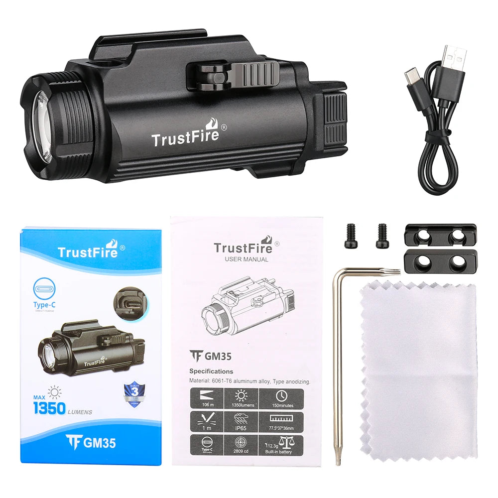 Trustfire GM35 Tactical Flashlight 1350 Lumen type c usb rechargeable light self defense weapons Torch Light for Gl0ck Picatinny TAVEN System LLC