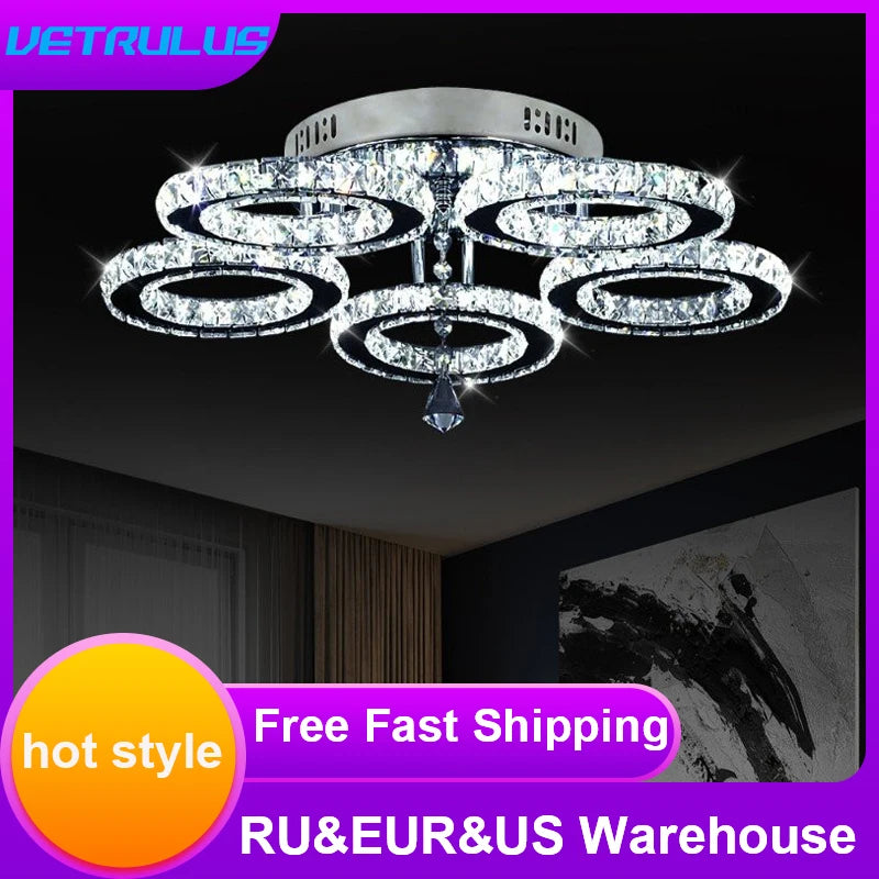 Modern K9 Led Crystal Ceiling Lamp Smart Chandelier Pendant Light Ring Chrome Plafonier Fixture Dining Living Room Decor Luxury TAVEN System LLC