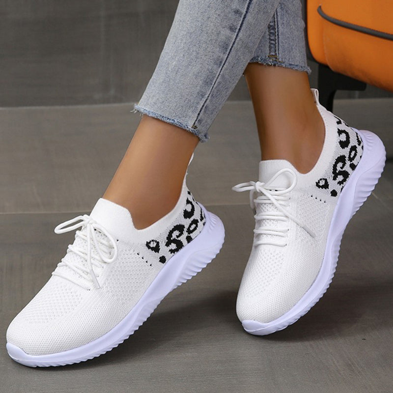 White Shoes Women Leopard Print Lace-up Sneakers Sports TAVEN
