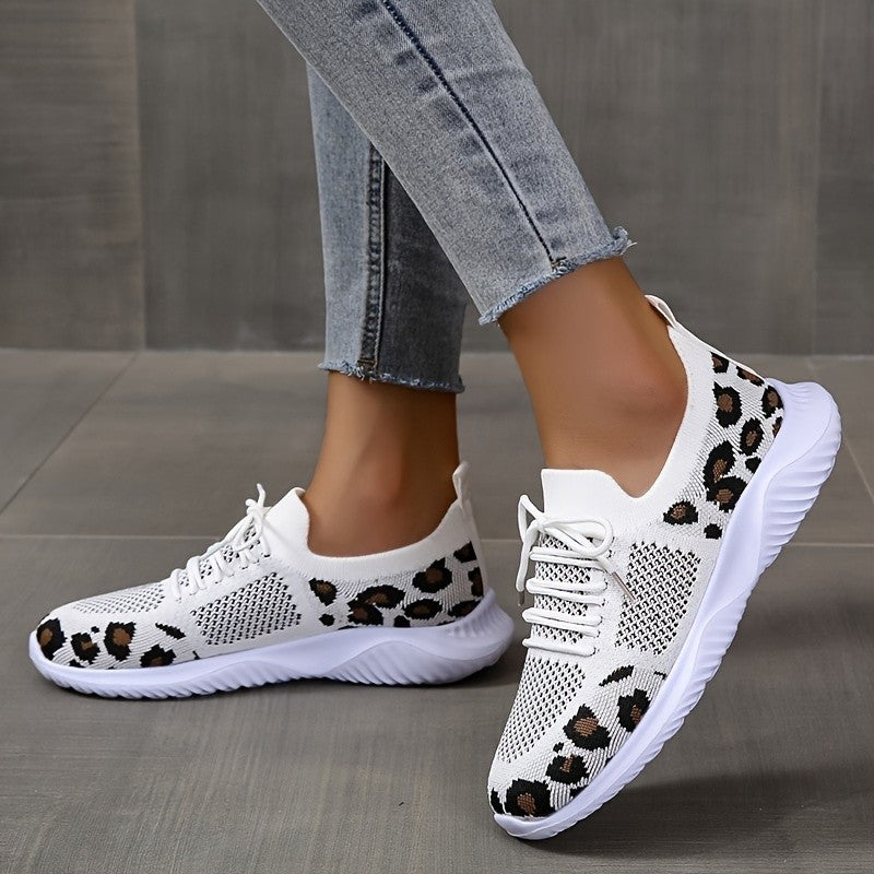 White Shoes Women Leopard Print Lace-up Sneakers Sports TAVEN