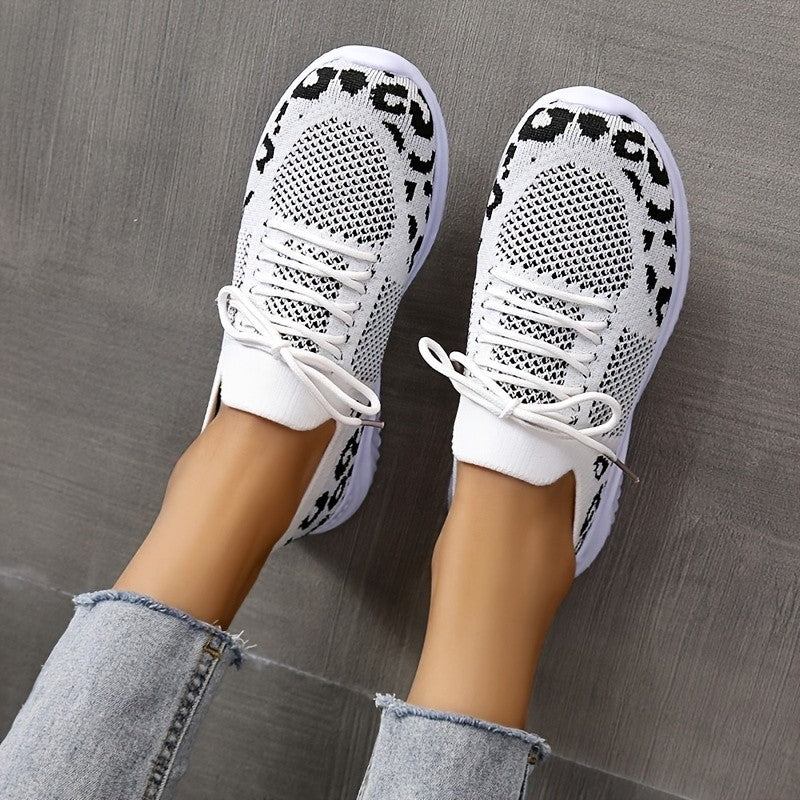 White Shoes Women Leopard Print Lace-up Sneakers Sports TAVEN