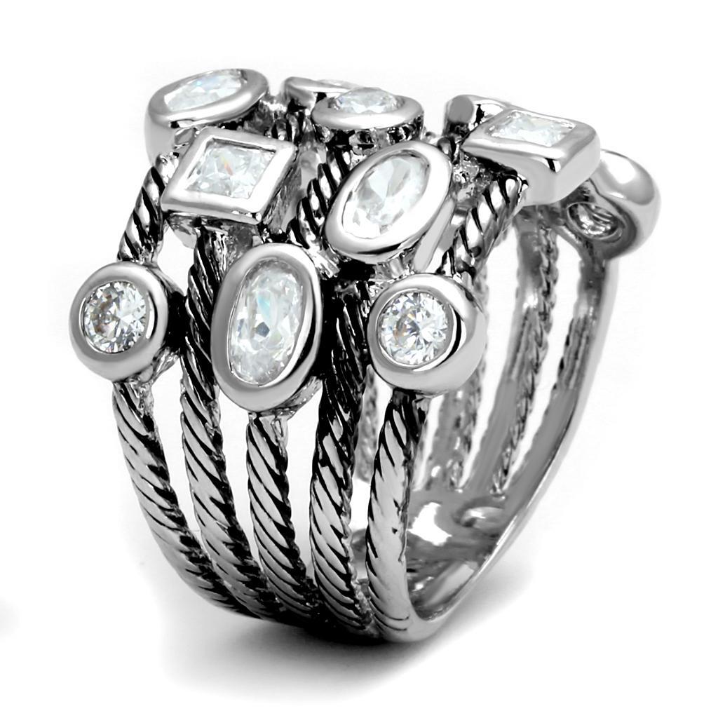 LO4083 - Rhodium Brass Ring with AAA Grade CZ  in Clear Taven