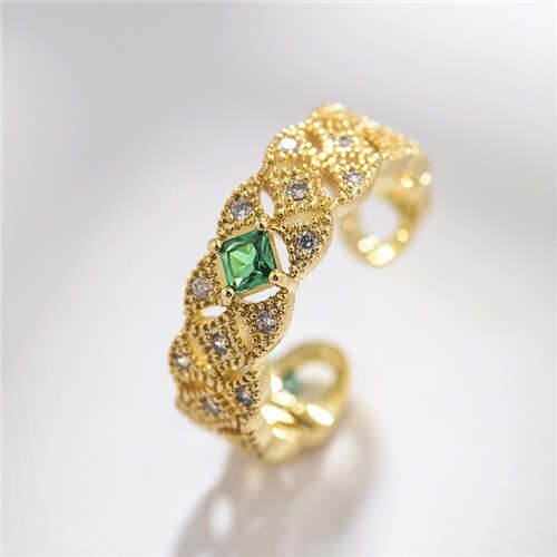 Green Gem Inlaid Delicate Rhinestone Internet Celebrity Choice 18K Rose Gold Plated Ring JewelryBund